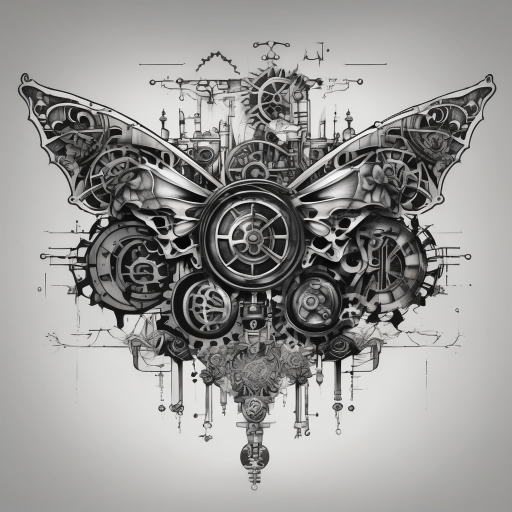 tattoo design for back spine with techno mechanical aspects representing life and eternity. sprockets gears screws levers hearts circles love universe spiral butterfly half sleeve tattoos for men, AI-generated Black and White tattoo design